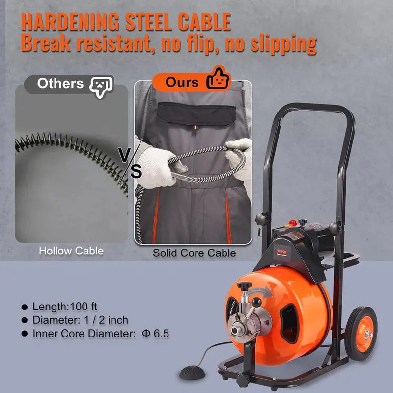 100-Foot Auto-Feed Drain Auger Machine ¨C 1/2-Inch Sewer Snake with 4-Cutter Head. Air-Activated Foot Switch. and Pipe Compatibility (1″¨C4″)