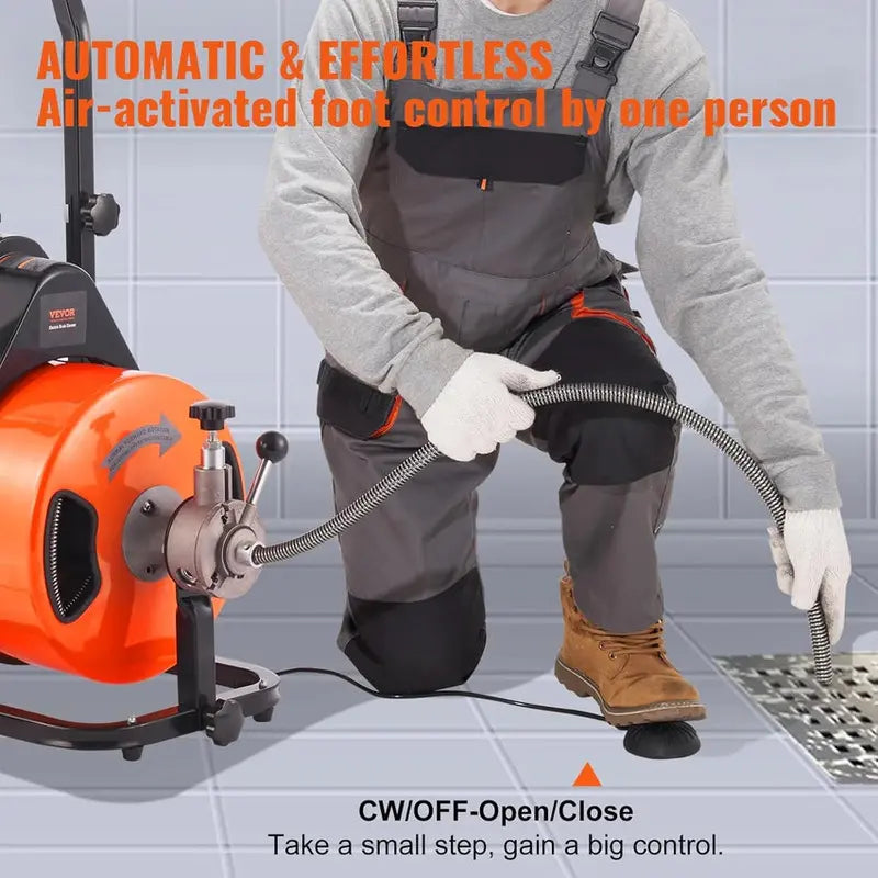 100-Foot Auto-Feed Drain Auger Machine ¨C 1/2-Inch Sewer Snake with 4-Cutter Head. Air-Activated Foot Switch. and Pipe Compatibility (1″¨C4″)