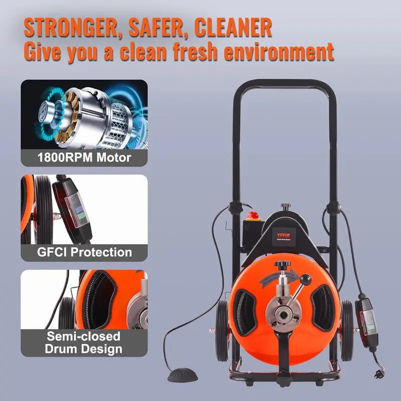 100-Foot Auto-Feed Drain Auger Machine ¨C 1/2-Inch Sewer Snake with 4-Cutter Head. Air-Activated Foot Switch. and Pipe Compatibility (1″¨C4″)