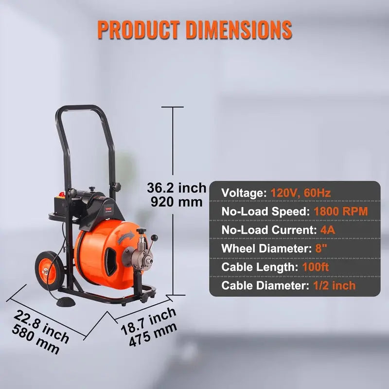 100-Foot Auto-Feed Drain Auger Machine ¨C 1/2-Inch Sewer Snake with 4-Cutter Head. Air-Activated Foot Switch. and Pipe Compatibility (1″¨C4″)