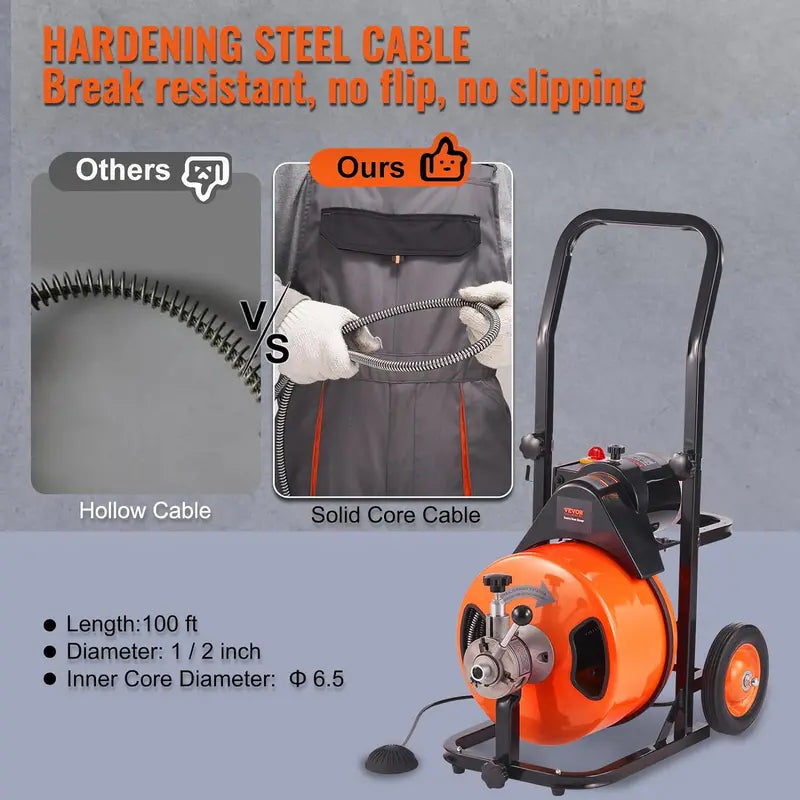100-Foot Auto-Feed Drain Snake ¨C 1/2″ Auger with 4 Cutters &amp; Foot Switch