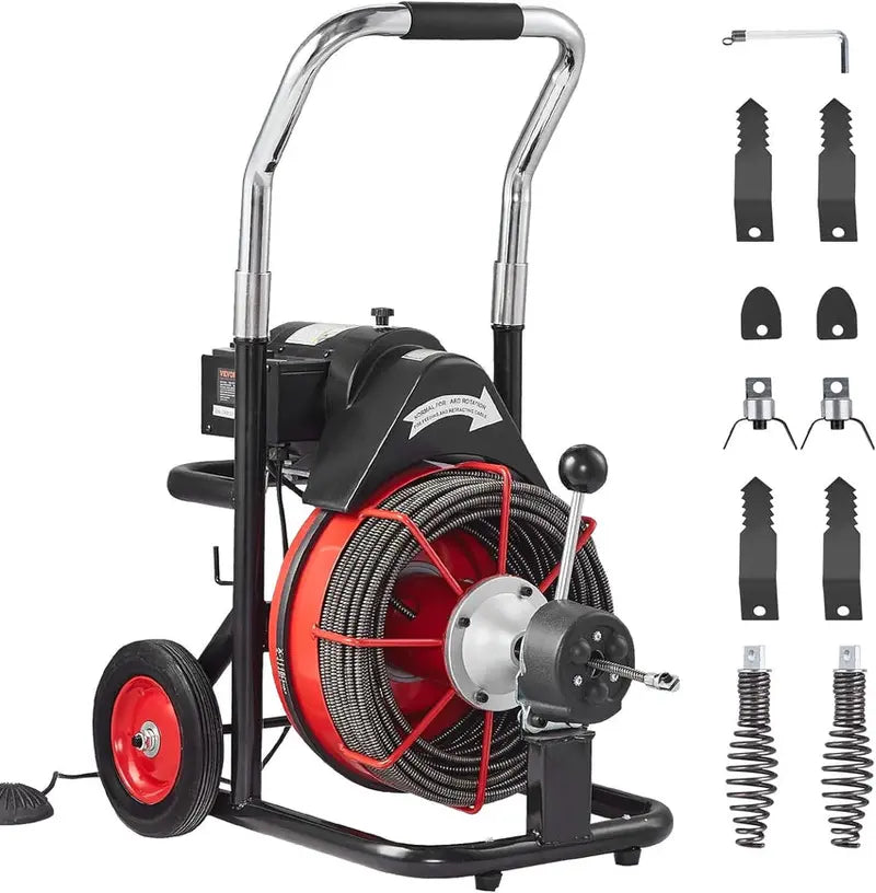 100-Foot Auto-Feed Drain Snake ¨C 550W Portable Sewer Auger with 8 Cutters. Foot Switch & Wheel Base for 2¡å¨C4¡å Pipes