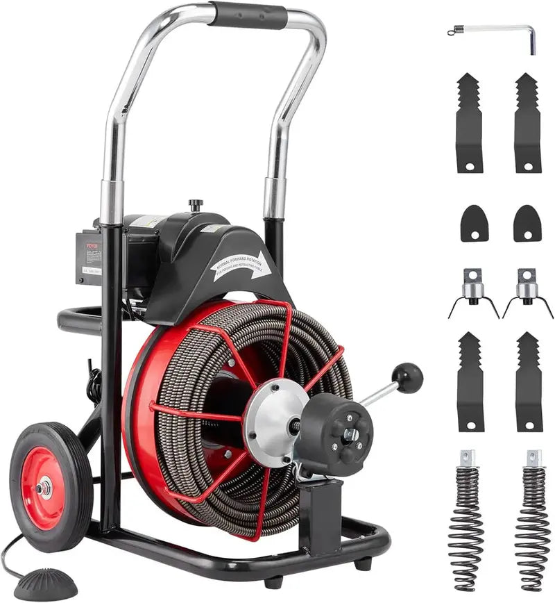 100-Foot Auto-Feed Drain Snake ¨C 550W Portable Sewer Auger with 8 Cutters. Foot Switch & Wheel Base for 2¡å¨C4¡å Pipes