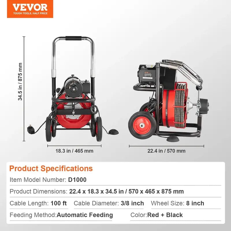 100-Foot Auto-Feed Drain Snake ¨C 550W Portable Sewer Auger with 8 Cutters. Foot Switch & Wheel Base for 2¡å¨C4¡å Pipes