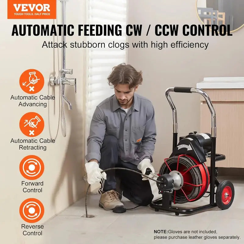 100-Foot Auto-Feed Drain Snake ¨C 550W Portable Sewer Auger with 8 Cutters. Foot Switch & Wheel Base for 2¡å¨C4¡å Pipes
