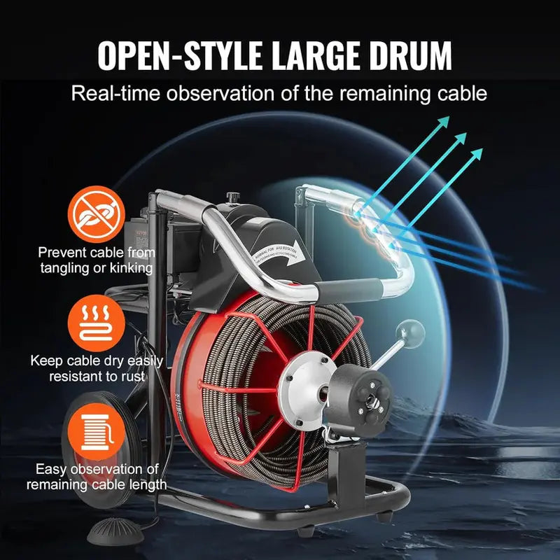 100-Foot Auto-Feed Drain Snake ¨C 550W Portable Sewer Auger with 8 Cutters. Foot Switch & Wheel Base for 2¡å¨C4¡å Pipes
