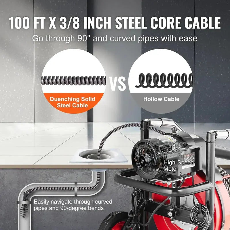 100-Foot Auto-Feed Drain Snake Auger ¨C 1/2-Inch Cable. Wheeled Sewer Cleaner Machine