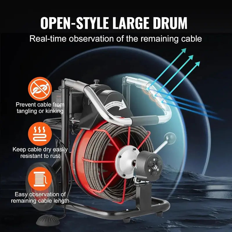 100-Foot Auto-Feed Drain Snake Auger ¨C 1/2-Inch Cable. Wheeled Sewer Cleaner Machine
