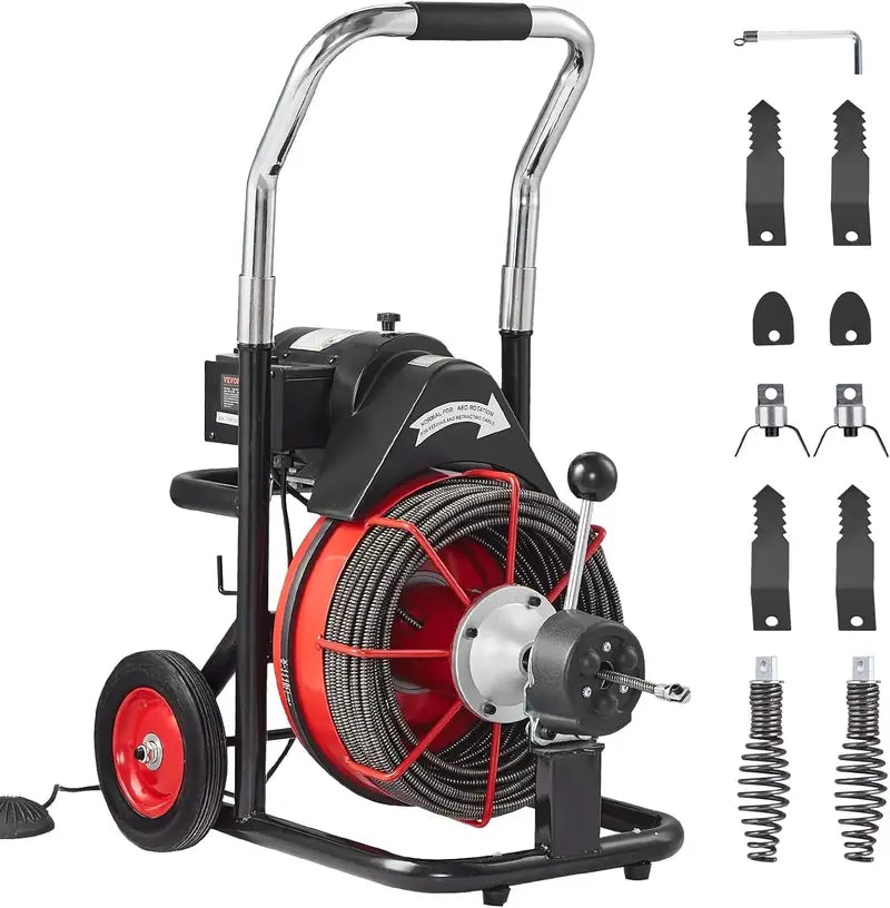 100-Foot Drain Cleaning Machine ¨C Motorized Sewer Snake with Auto-Feed. 8 Cutters. and Foot-Controlled Operation