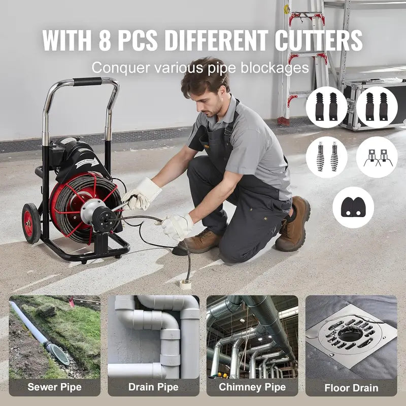 100-Foot Drain Cleaning Machine ¨C Motorized Sewer Snake with Auto-Feed. 8 Cutters. and Foot-Controlled Operation