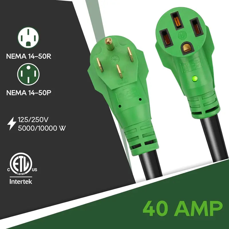 100-Foot NEMA 14-50 RV/EV Extension Cord ¨C 40A Heavy-Duty Cable with LED Power Indicator & Integrated Cord Organizer (Green)