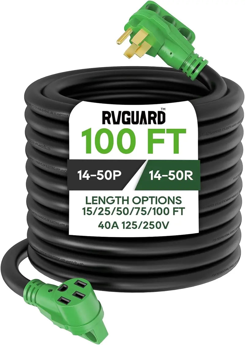 100-Foot NEMA 14-50P/R RV/EV Extension Cord ¨C 40A Heavy-Duty Cable with LED Power Indicator & Built-in Organizer (Green)