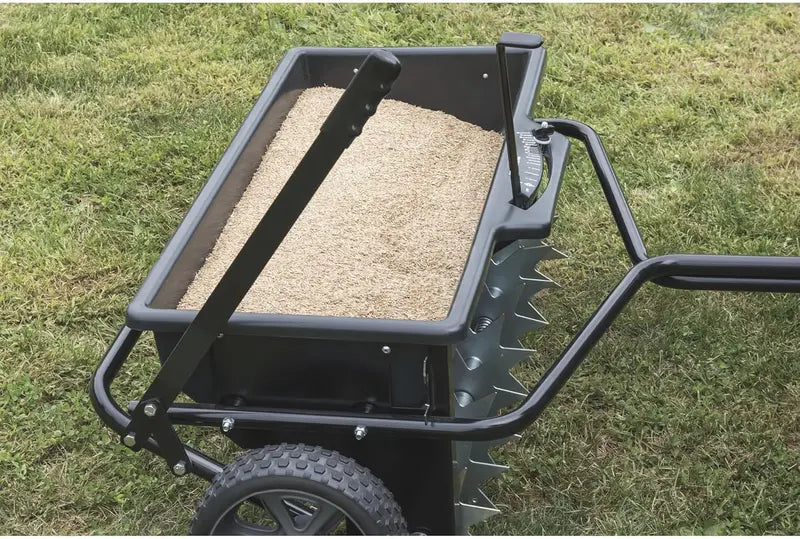 100-LB Traction-Drive Broadcast Seeder & Sprayer ¨C Heavy-Duty Black Utility Spreader for Lawns and Fields