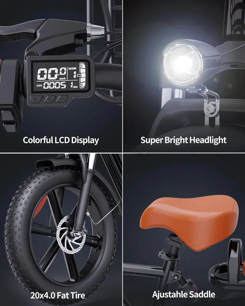 1000W Adult Electric Bike ¨C 48V 15Ah Removable Battery. 20″ x 4.0 Fat Tire Ebike with High-Power Motor
