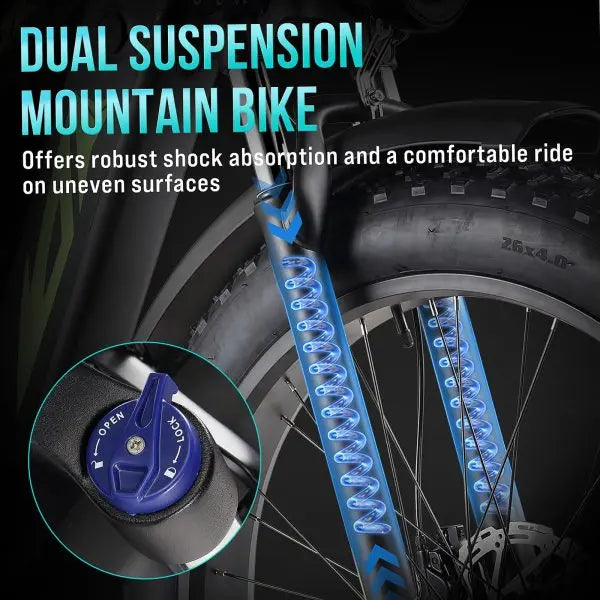 1000W Adult Electric Bike with 48V 17.5Ah Battery. 26″ Fat-Tire Full-Suspension E-Bike ¨C UL-Certified. 28 MPH. 60-Mile Range. 7-Speed Mountain &amp; Beach Ebike