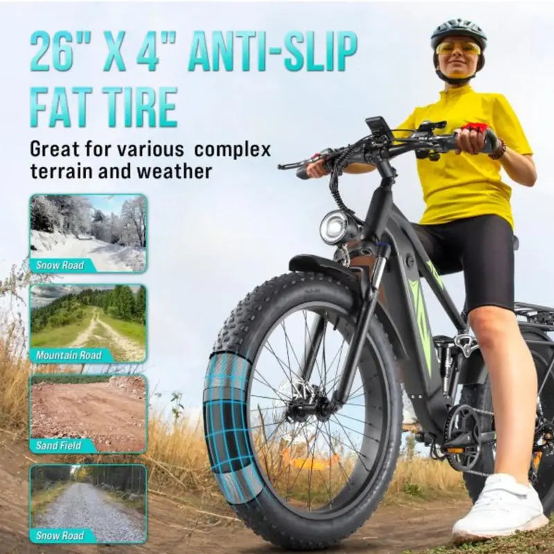 1000W Full-Suspension Fat Tire E-Bike ¨C 26-Inch UL-Certified Electric Bike with 17.5Ah Battery. 7-Speed Drivetrain. and 28 MPH Top Speed