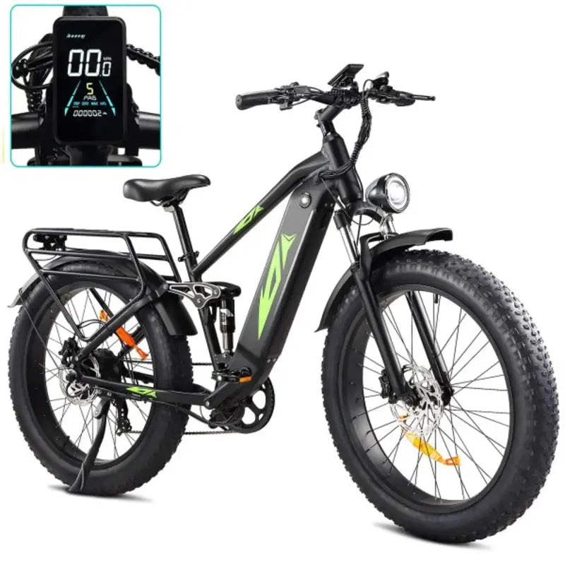 1000W Full-Suspension Fat-Tire Electric Bike ¨C 26-Inch Wheels. 48V 17.5Ah Battery. UL-Certified. Up to 28 MPH