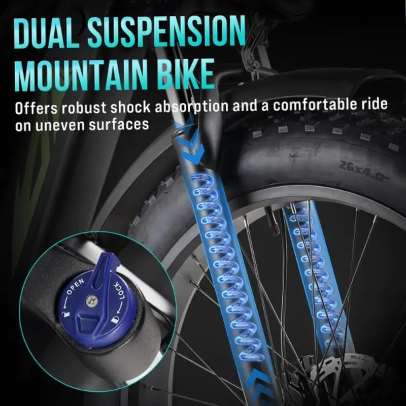1000W Full-Suspension Fat-Tire Electric Bike ¨C 26-Inch Wheels. 48V 17.5Ah Battery. UL-Certified. Up to 28 MPH