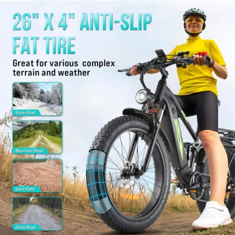 1000W Full-Suspension Fat-Tire Electric Bike ¨C 26-Inch Wheels. 48V 17.5Ah Battery. UL-Certified. Up to 28 MPH