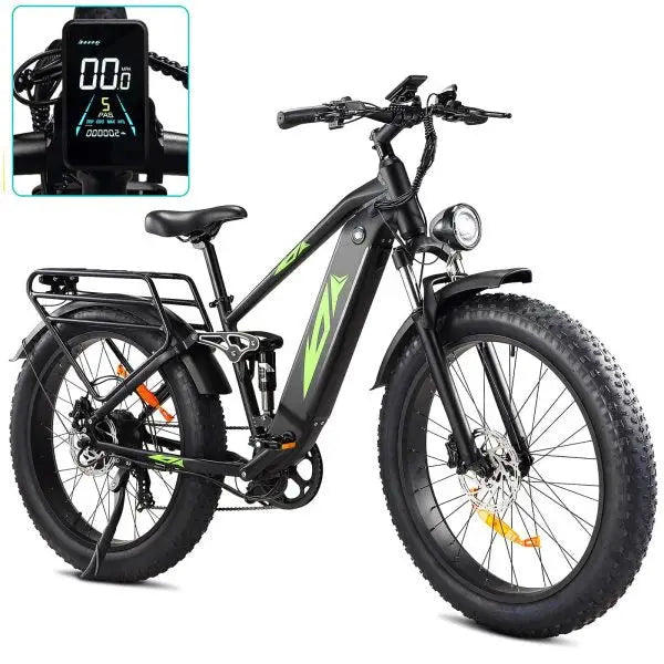 1000W Full-Suspension Fat-Tire Electric Mountain Bike ¨C 48V 17.5Ah Battery. 26″. Up to 28 MPH