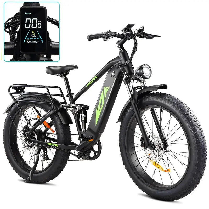 1000W Full-Suspension Fat-Tire Electric Mountain Bike ¨C 48V 17.5Ah Battery. 26″. Up to 28 MPH