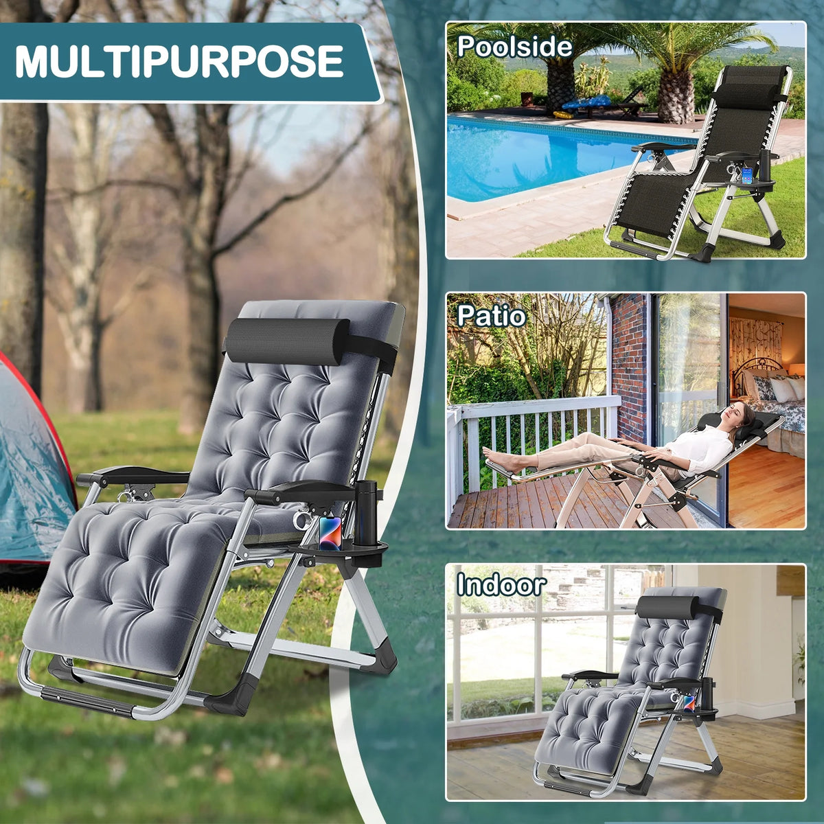 NAIZEA 2 Pack Zero Gravity Chair. Foldable Portable Lawn Recliner with Cushion. Headrest. Cup Holder. Black