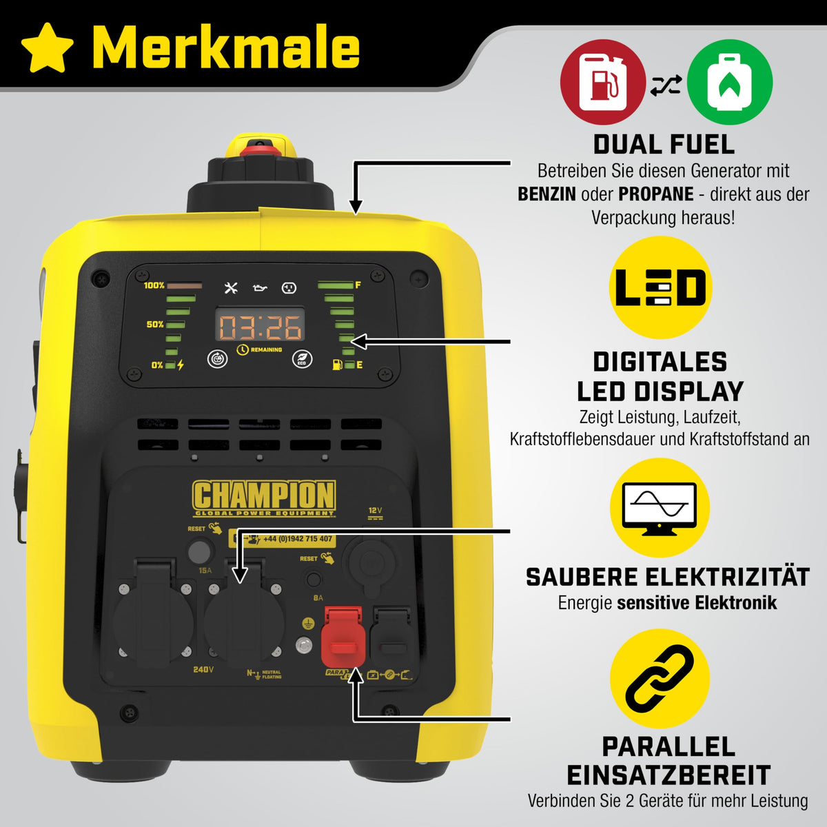 Champion Power Equipment Petrol + Gas Power Generator (2000 Watt. Power Inverter. Generator with LED Display. Dual Fuel. Extremely Quiet) 8200i-E-DF-EU. Yellow