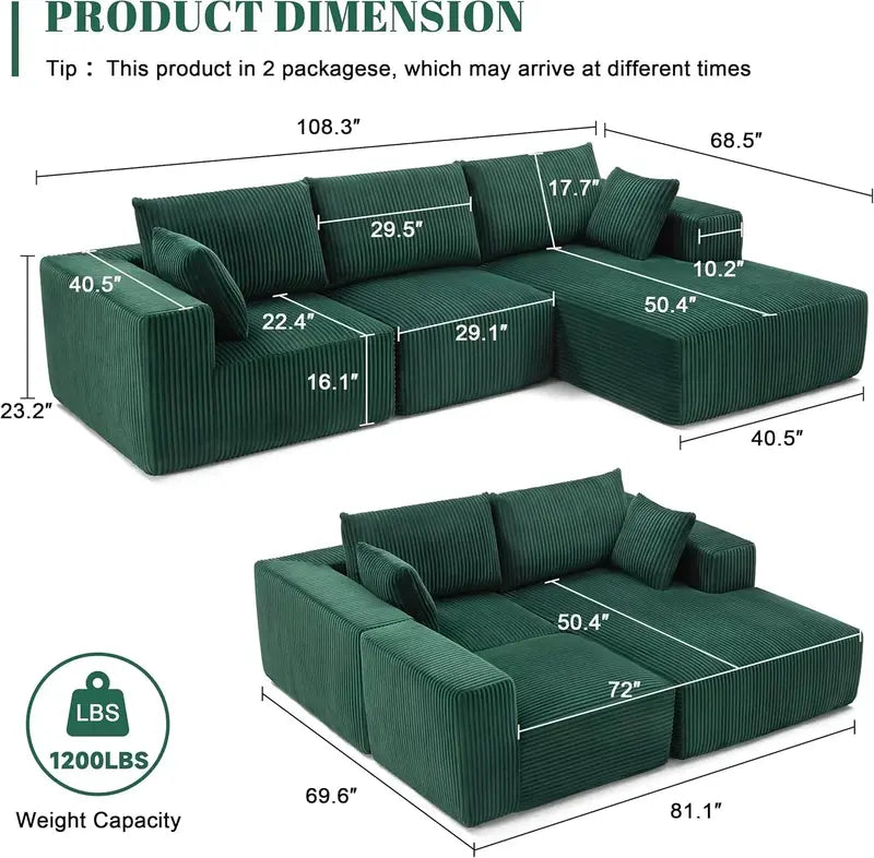 108-Inch Modern Cloud Sectional Sofa ¨C Deep-Seated L-Shaped Design with Plush Upholstery