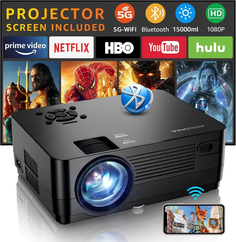1080P Native Resolution Projector with 5G WiFi. Bluetooth. and Included Portable Projection Screen