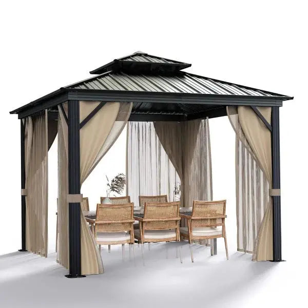 10¡Á10 All-Weather Hardtop Gazebo ¨C Dual-Layer Metal Roof. Aluminum Frame. Khaki