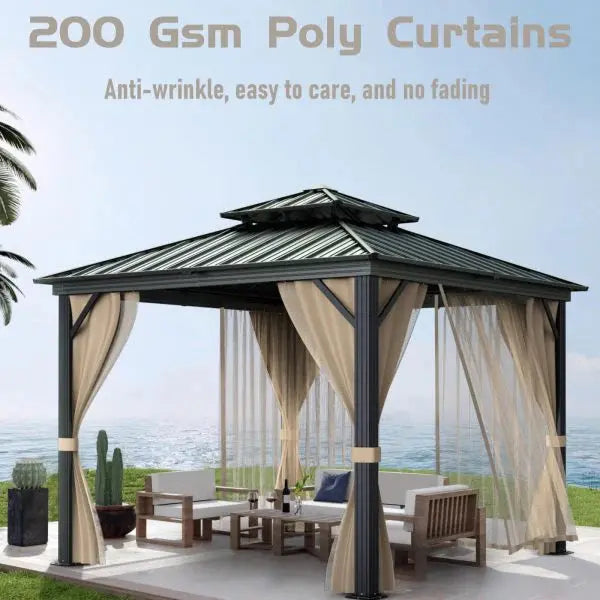 10¡Á10 All-Weather Hardtop Gazebo ¨C Dual-Layer Metal Roof. Aluminum Frame. Khaki