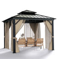 10¡Á10 ft All-Weather Hardtop Gazebo ¨C Double-Tier Aluminum Frame. Mesh Netting. Side Curtains. Khaki Finish