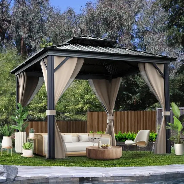 10¡Á10 ft All-Weather Hardtop Gazebo ¨C Double-Tier Aluminum Frame. Mesh Netting. Side Curtains. Khaki Finish