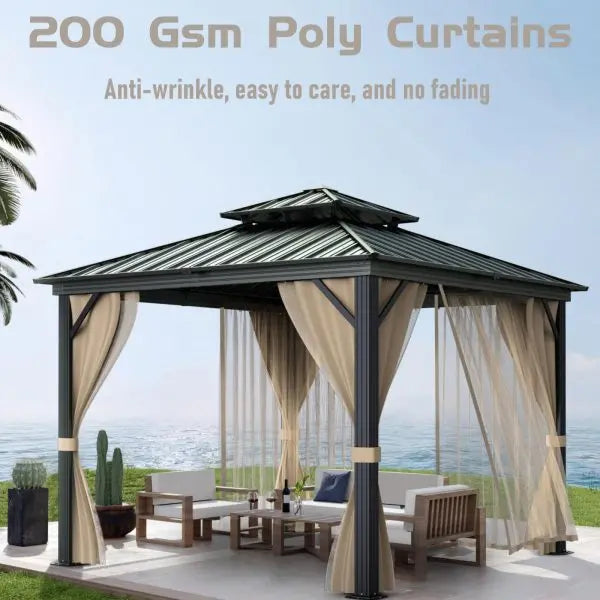 10¡Á10 ft All-Weather Hardtop Gazebo ¨C Double-Tier Aluminum Frame. Mesh Netting. Side Curtains. Khaki Finish