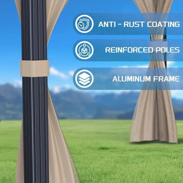 10¡Á10 ft All-Weather Hardtop Gazebo ¨C Double-Tier Aluminum Frame. Mesh Netting. Side Curtains. Khaki Finish