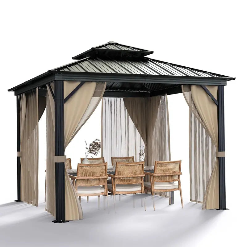 10¡Á10 ft All-Weather Hardtop Gazebo ¨C Double-Tier Aluminum Frame. Mesh Netting. Side Curtains. Khaki Finish