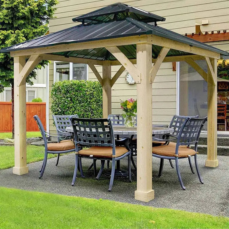 10¡Á10 ft All-Weather Hardtop Patio Gazebo ¨C Wooden Frame with Dual-Tier Metal Roof &amp; Pergola-Style Shelter