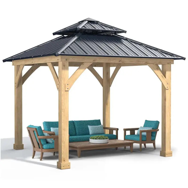 10¡Á10 ft All-Weather Hardtop Patio Gazebo ¨C Wooden Frame with Dual-Tier Metal Roof &amp; Pergola-Style Shelter