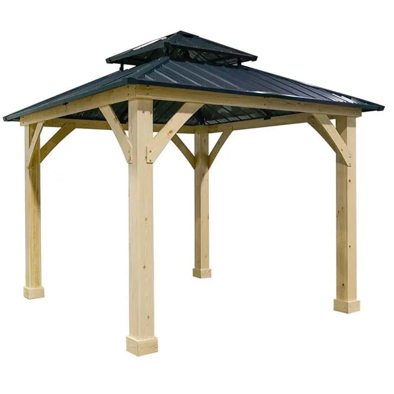 10¡Á10 ft All-Weather Hardtop Patio Gazebo ¨C Wooden Frame with Dual-Tier Metal Roof &amp; Pergola-Style Shelter