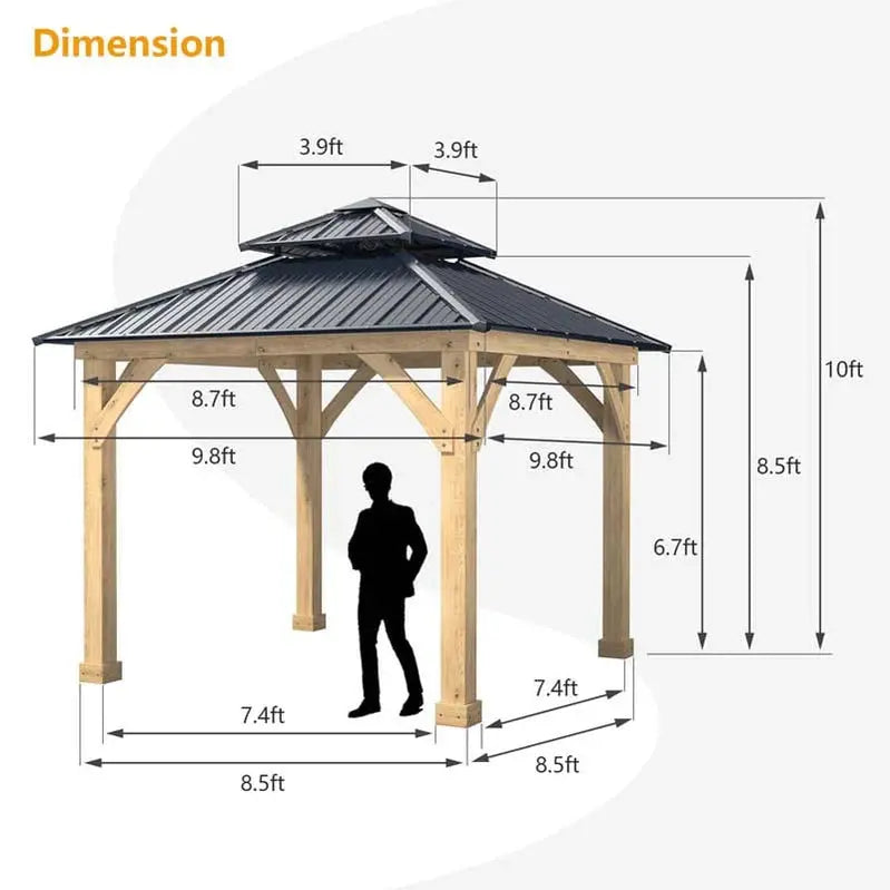 10¡Á10 ft All-Weather Hardtop Patio Gazebo ¨C Wooden Frame with Dual-Tier Metal Roof &amp; Pergola-Style Shelter