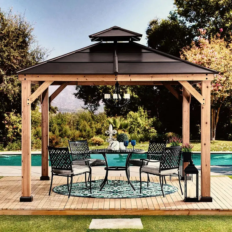 10×10 ft Cedar Gazebo with Steel Two-Tier Hip Roof ¨C Hardtop Outdoor Pavilion