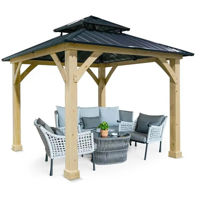 10×10 FT Hardtop Patio Gazebo ¨C Weather-Resistant Wood-Framed Shelter with Dual-Tier Metal Roof &amp; Ventilation Design