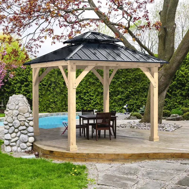 10×10 FT Hardtop Patio Gazebo ¨C Weather-Resistant Wood-Framed Shelter with Dual-Tier Metal Roof &amp; Ventilation Design