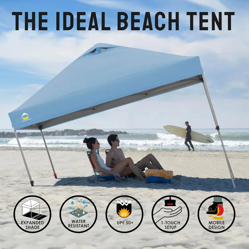 10¡Á10 One-Touch Pop-Up Awning ¨C Beach Sunshade Tent with Silver-Coated Canopy. 3 Height Adjustments & 4 Sand Pockets