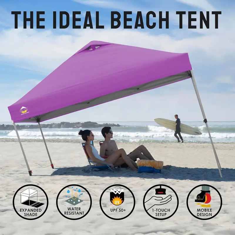 10¡Á10 One-Touch Pop-Up Awning ¨C Beach Sunshade Tent with Silver-Coated Canopy. 3 Height Adjustments & 4 Sand Pockets