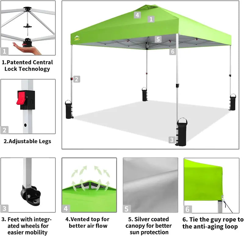 10¡Á10 One-Touch Pop-Up Awning ¨C Beach Sunshade Tent with Silver-Coated Canopy. 3 Height Adjustments & 4 Sand Pockets