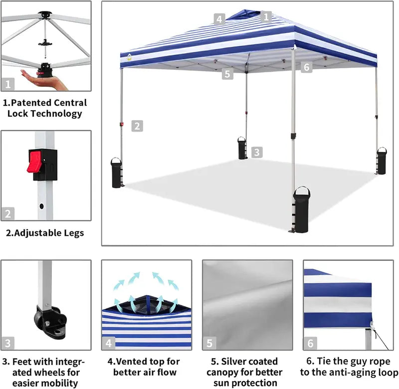 10¡Á10 One-Touch Pop-Up Awning ¨C Beach Sunshade Tent with Silver-Coated Canopy. 3 Height Adjustments & 4 Sand Pockets