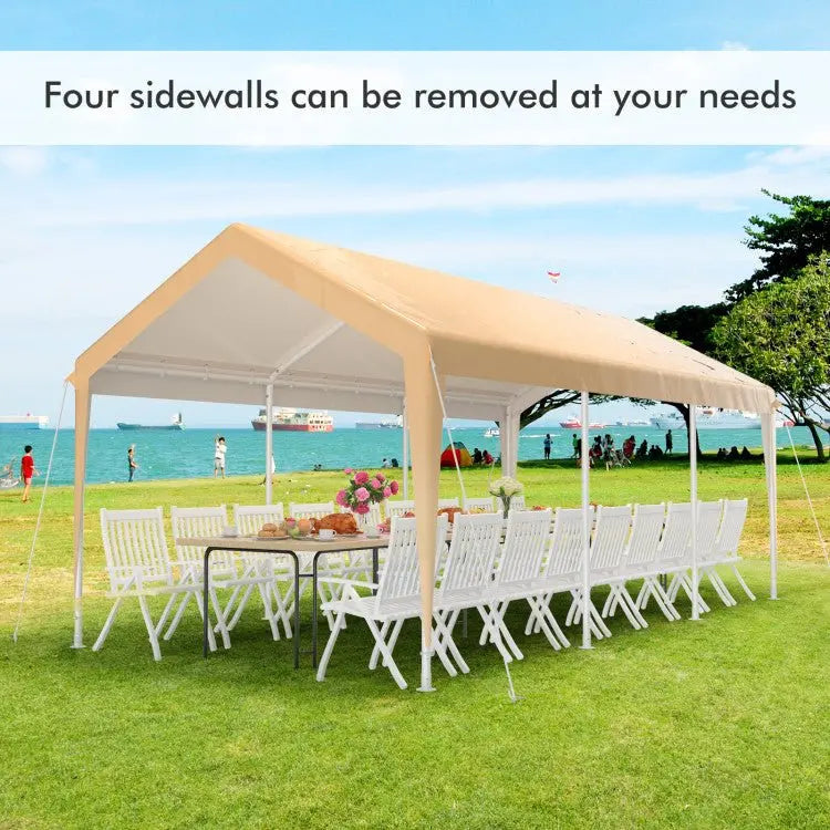 10×20 ft Steel Portable Carport ¨C Removable Sidewalls. Weather-Resistant Canopy