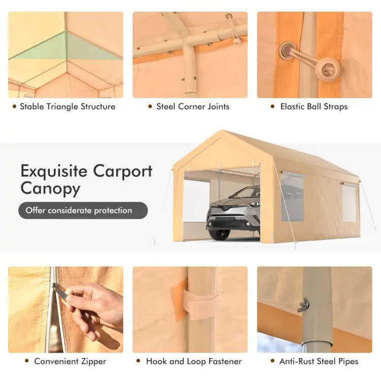 10×20 ft Steel Portable Carport ¨C Removable Sidewalls. Weather-Resistant Canopy