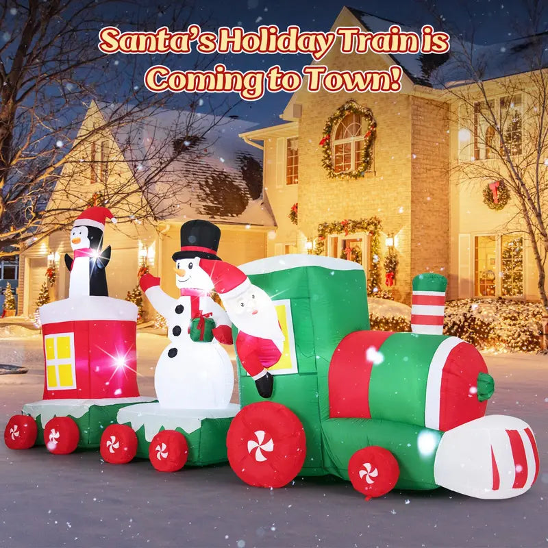 11.5-Foot Inflatable Christmas Train ¨C Festive Outdoor Decoration with Santa. Snowman &amp; Penguin Characters
